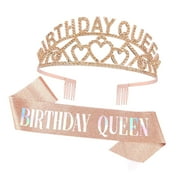 SKYSONIC Rose Birthday Queen Rhinestone Tiara and Sash - Birthday Glitter Decorations for Women (Multi Color Letter)