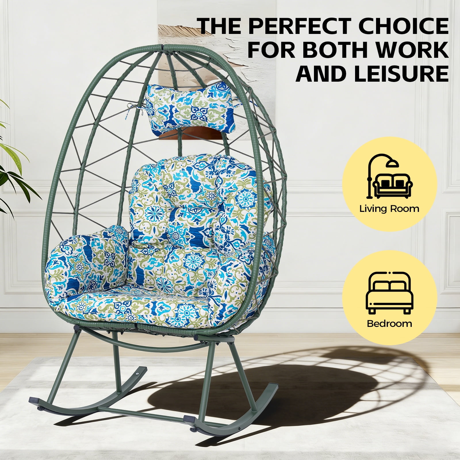 Foldable Wicker Egg Rocking Chair, 330LBS Capacity Cocoon Lounge Chair with Thick Cushion & Pillow, Weather Resistant Rattan Single Rocker for Patio Balcony Bedroom Living Room