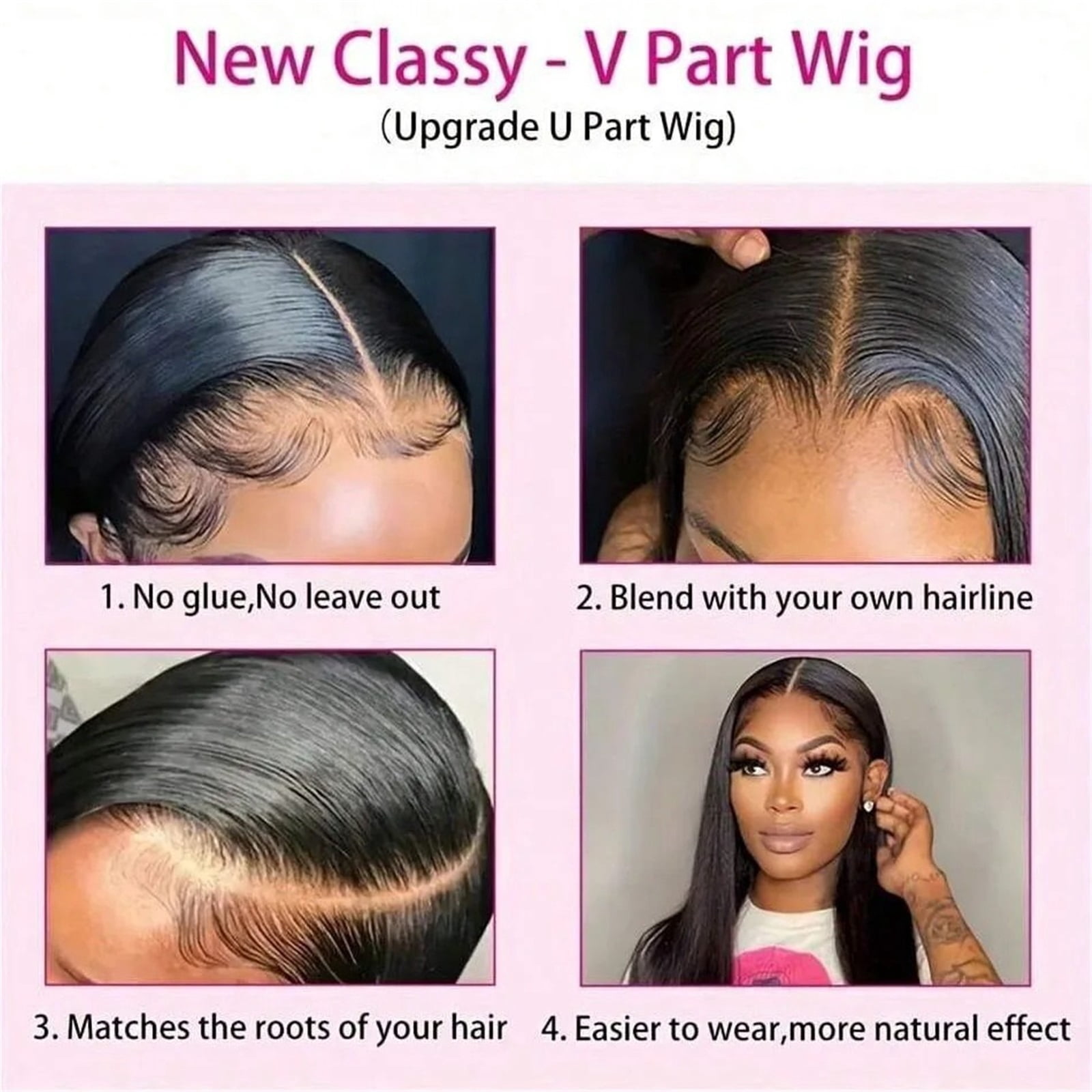 V Part Wigs Bone Straight Human Hair Wigs No Leave Out No Sew-In Glueless 250 Density Natural Black