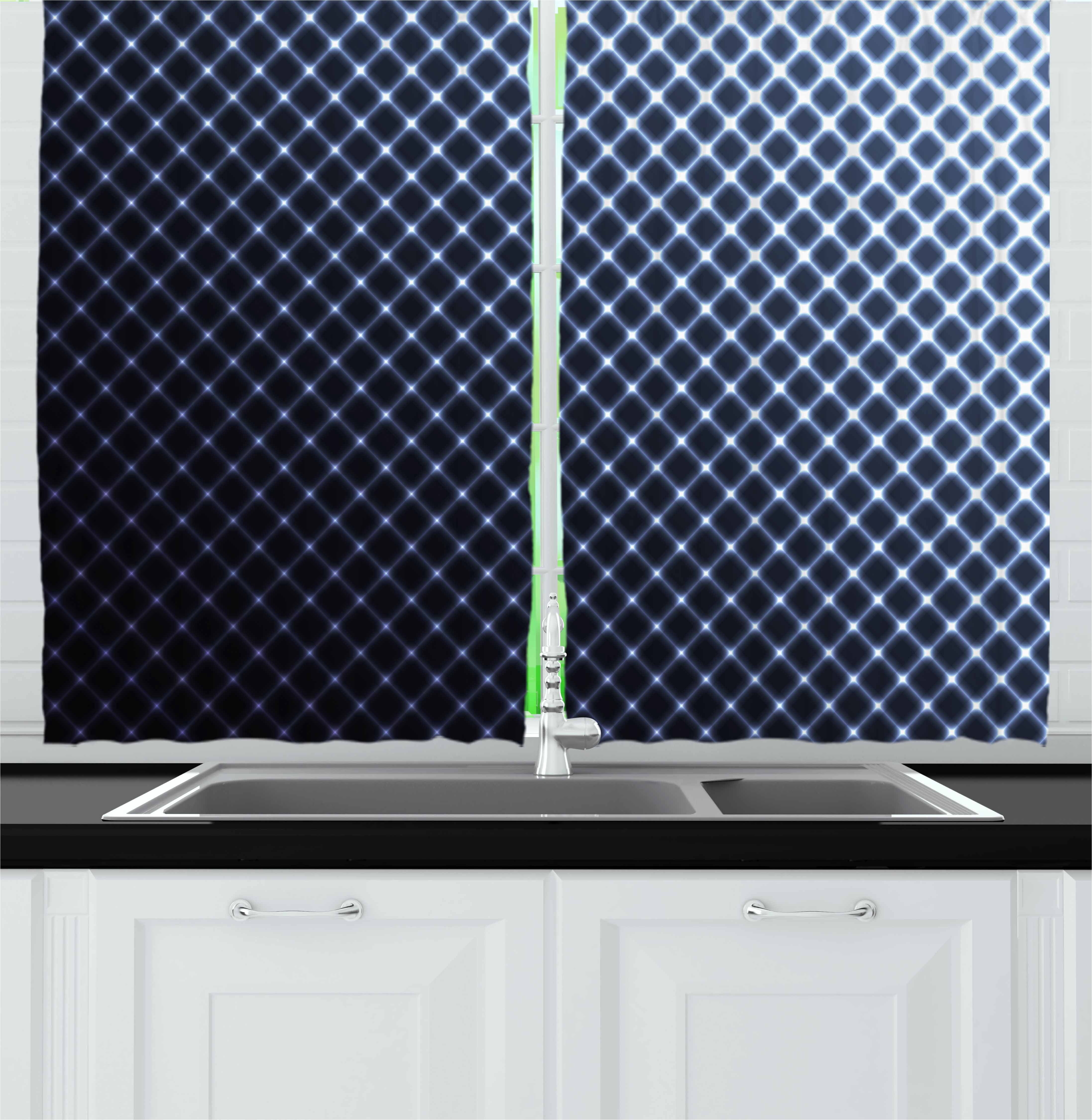 Dark Blue Curtains 2 Panels Set, Diagonal Checkered Pattern Halftone