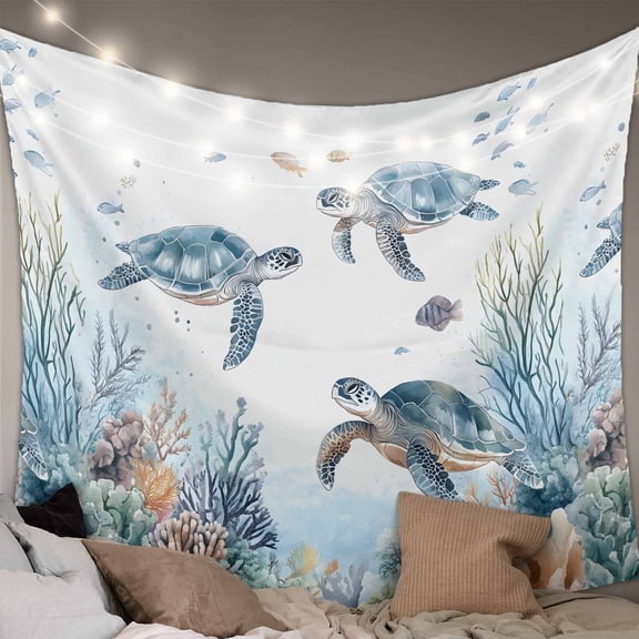 Sea Turtle Coastal Large Tapestry for Bedroom Wall Hanging Tapestry,Summer Beach Coral Ocean Blue Nautical Ceiling Backdrop Tapestries Poster Blanket Wall Decor for Teens Room Living Room 100" x 59"
