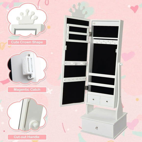 Kids Jewelry Armoire with Mirror 46" – Jewelry Organizer for Girls with LED Light, Adjustable Tilt, 3 Drawers – Freestanding Vanity Cabinet with Full-Length Mirror for Bedroom