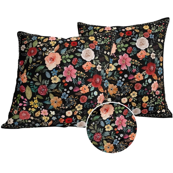 Watercolor Flowers Outdoor Pillow Covers 16x16 Set of 2,Waterproof Patio Throw Pillowcase Protectors,Farmhouse Floral Vintage Black Decorative Pillow Shams Cushion Covers for Seat Bed Couch Sofa