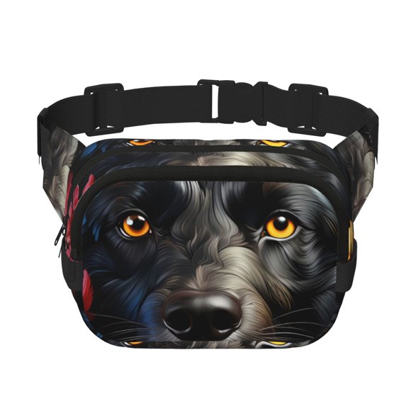 Disketp Colorful Floral Black Dog Riñonera de Doble Capa, Bolsa de Cintura Ajustable para Viajes, Correr y Senderismo, Riñonera Ligera para Hombre y Mujer