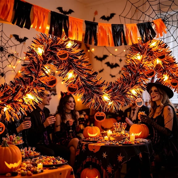 Cififendec Halloween Tinsel LED Garland, 118.1", Battery Operated Pumpkin Face Light String for Mantel Edge Swag, Door Trim Winding, Buffet Shelf Embellishment