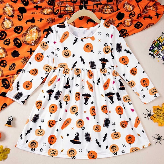 NinXxx Toddler Print Outfits with Headbands Halloween Dress Skirt Set Orange 6-7 Years