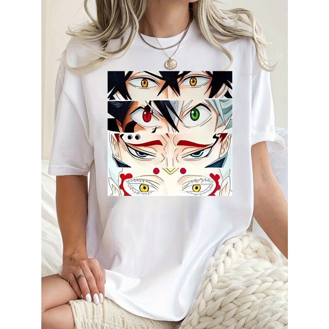 1pc Anime-Inspired Geometric Eyes Print T-Shirt for Women, Casual Crew Neck Short Sleeve, Cotton Knit Fabric, Medium Stretch, Fashionable All-Season Top