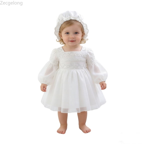 Zecgelong Girls Long Sleeve Christening Gown Baptism Dress With Skirt Girl Party Tutu Outfit Girls 2 Piece Long Sleeve Dress Set for Girls 18-24 Months