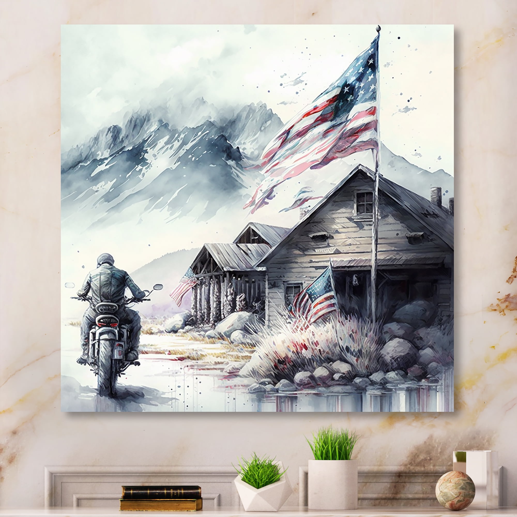 Designart Motorcycle Parked At The Cabin II Canvas Wall Art