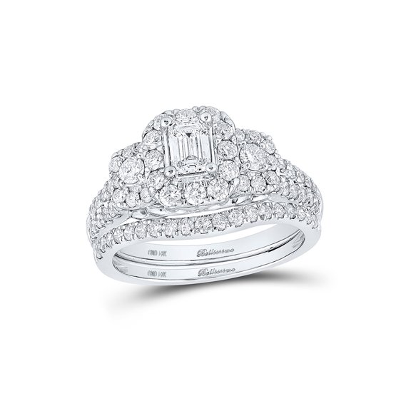 14kt White Gold Emerald Diamond Bridal Wedding Ring Band Set 1-1/2 Cttw