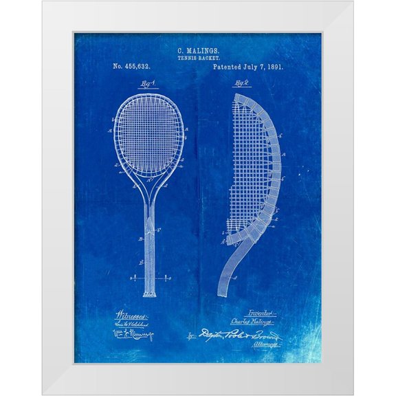 Borders, Cole 12x14 White Modern Wood Framed Museum Art Print Titled - PP1127-Faded Blueprint Vintage Tennis Racket 1891 Patent Poster
