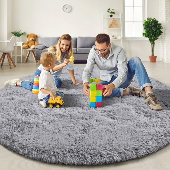 KIXINWA Grey Round Rug for Bedroom, Fluffy Circle Rug for Kids Room, 5x5 Feet Plush Area Rug for Bedroom, Soft Fuzzy Circular Rug, Non Slip Shaggy Living Room Rug, Nursery Dorm Cute Rug Décor