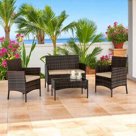 Hassch Patio Furniture Set 4 Pieces Outdoor Rattan Chair Wicker Sofa Garden Conversation Bistro Sets for Yard (Brown)
