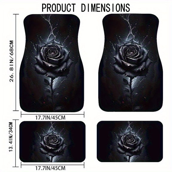 4-Piece Black Rose Car Floor Mats, Universal Fit Auto Floor Liners For Cars Trucks Suvs, Anti-Slip All-Weather Interior Protection, Easy Clean Set