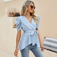 thumbnail image 3 of Yesfashion Women Dressy Deep V Neck Belted Tie Peplum Tops Empire Waist Wrap Blouse Puff Short Sleeve Shirt, 3 of 5