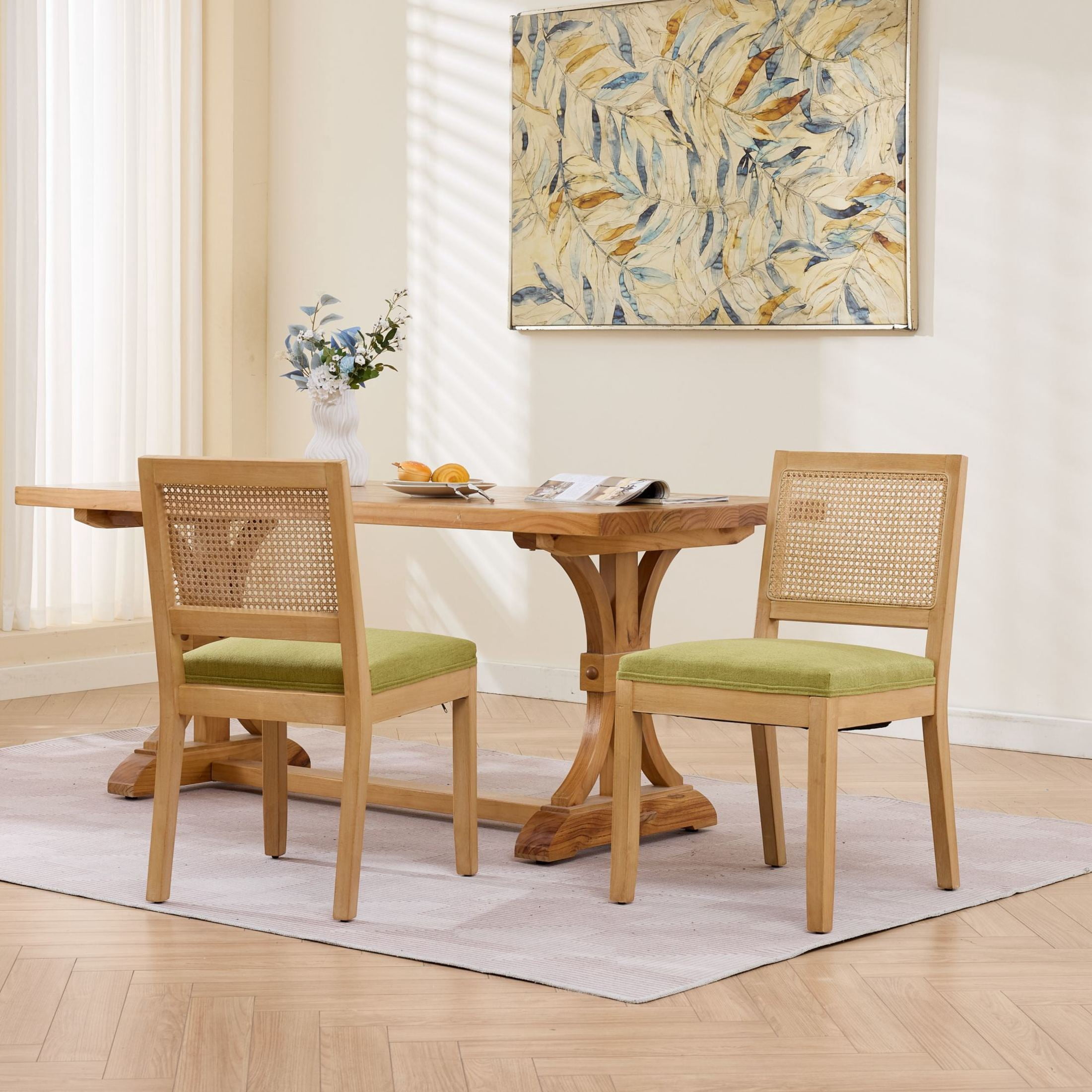 Noble House Set of 2 Farmhouse Dining Chairs with Cane Back, Rubberwood Frame, Olive Green