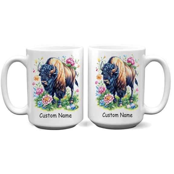 Personalized Cute Bison Coffee Mug 11oz 15oz - Custom Name Ceramic Cup - Thoughtful Gift for Bison Lovers, Parents, Girlfriend, Siblings, Kids, Wildlife Fans