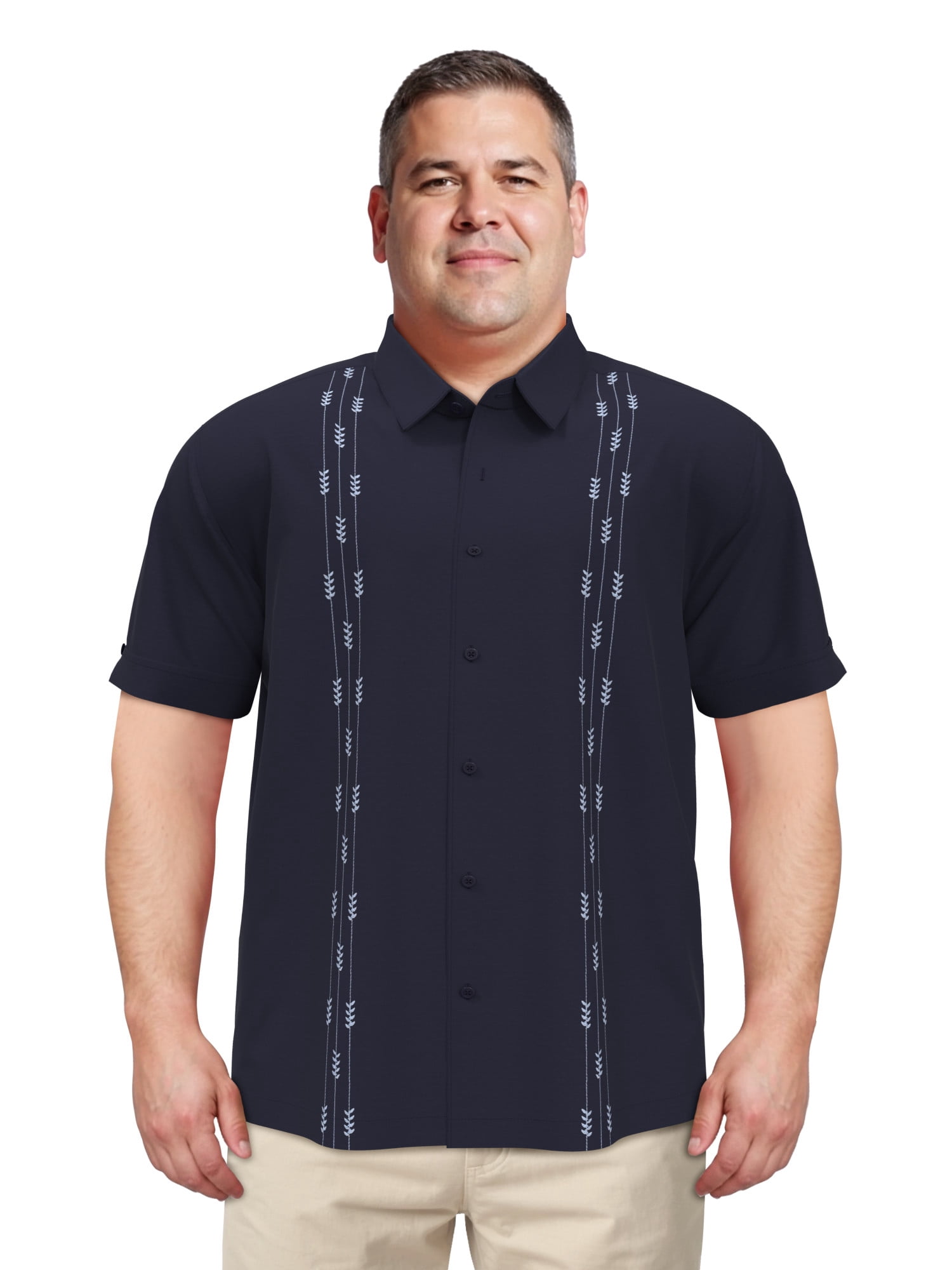 Havanera Men's and Big Men's Leaf Embroidered Panels Short Sleeve Button-Down Shirt, Sizes S-5XL