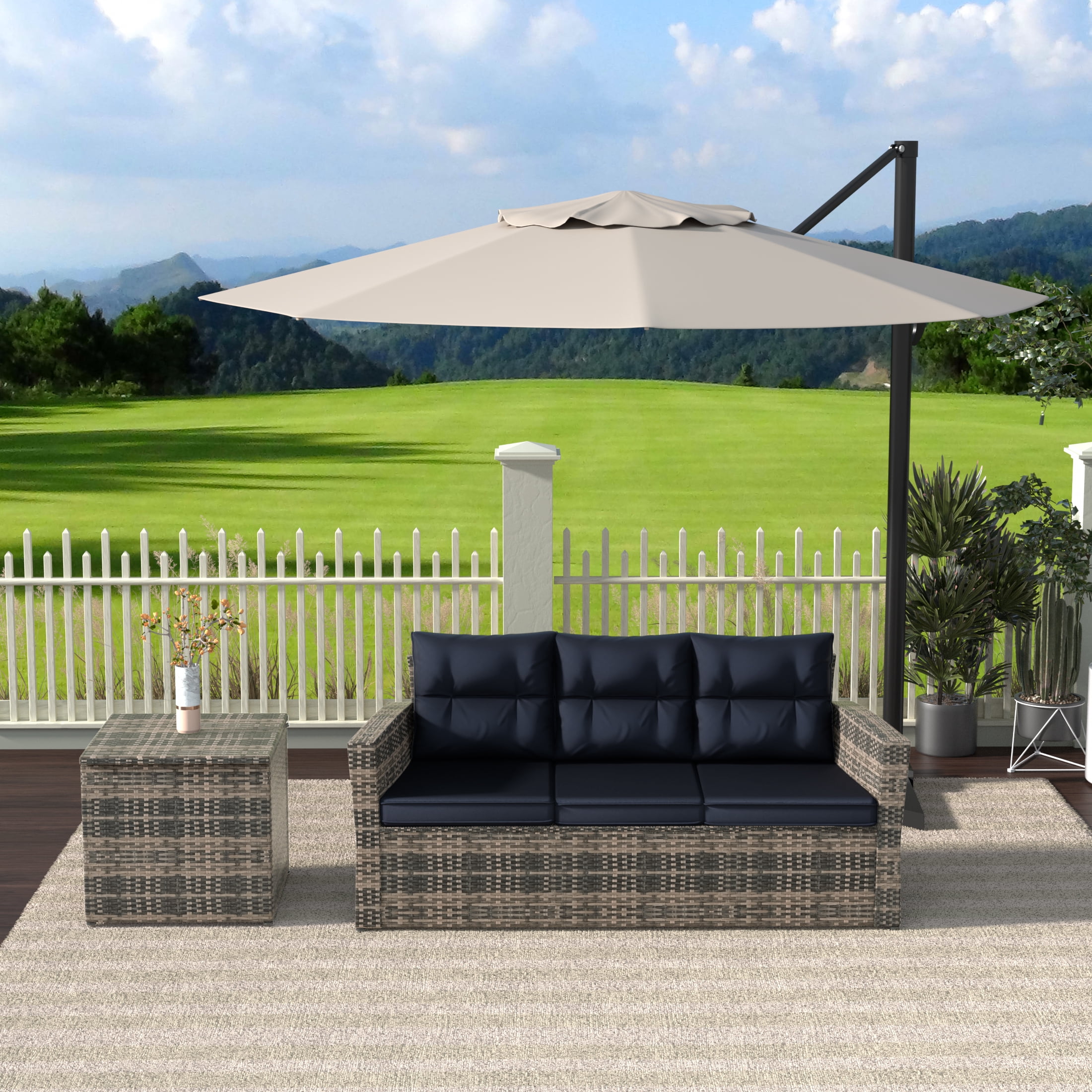 Westin Outdoor 2-Pieces Patio Sofa with Side Table Included Conversation Set PE Rattan Wicker Furniture, Brown/Navy Blue
