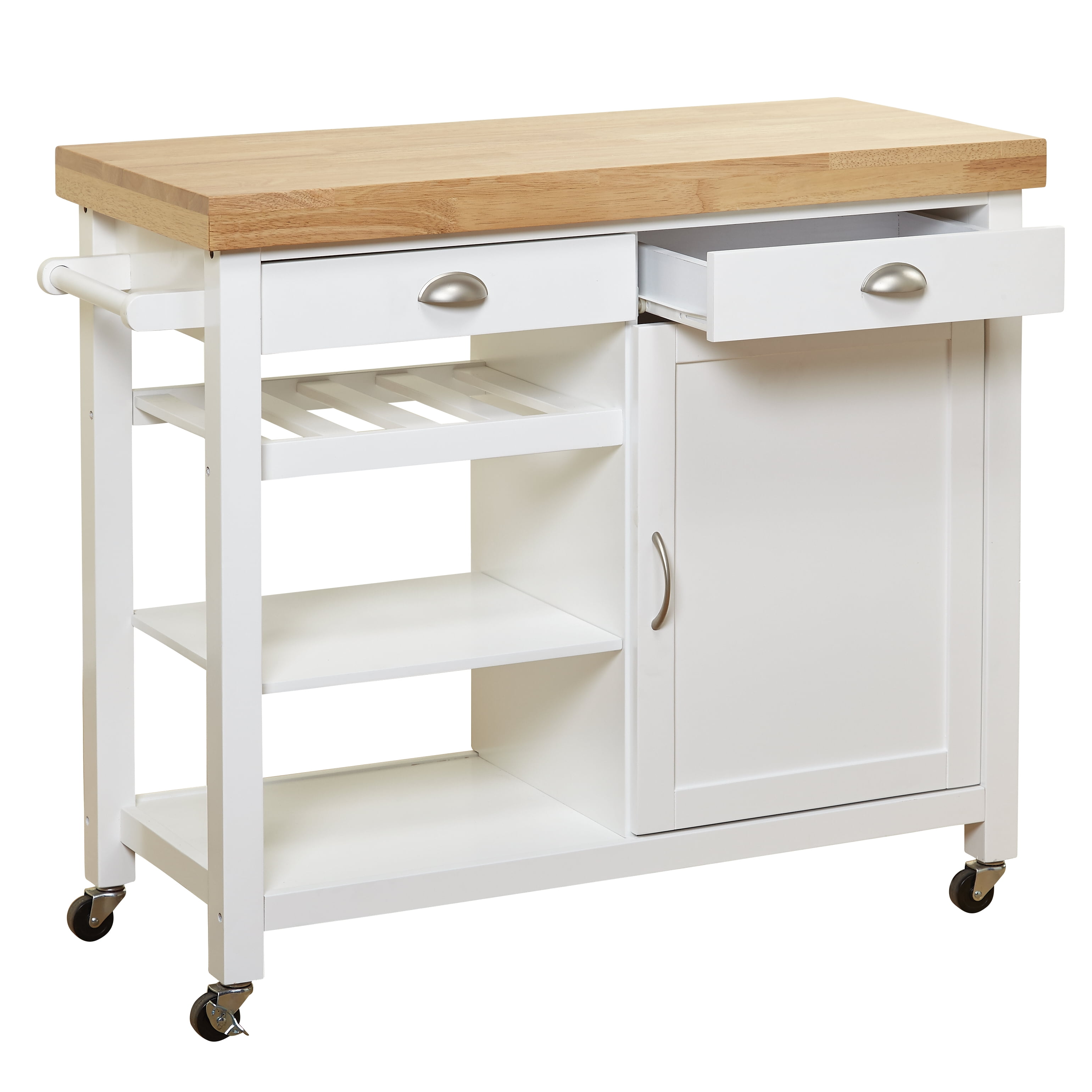 TMS Martha Butcher Block Rolling Kitchen Island with Cabinet, Drawers, Shelves, and Towel Rack, White