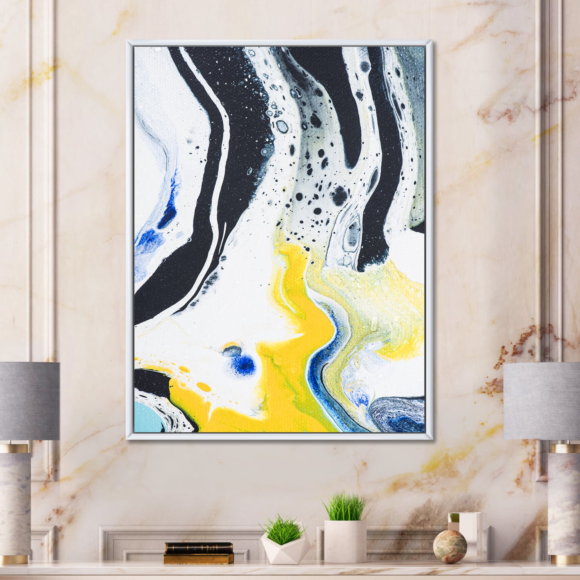 Designart 'Abstract Marble Composition In Blue and Yellow IV' Modern Framed Canvas Wall Art Print
