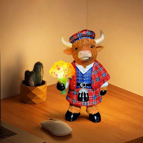 VBBHG Light Up Highland Cow Figurines Garden Decor, Solar Powered Resin Scottish Highland Cow Sitting on Chair Statue, Cute Centerpiece Figurine Decoration for Garden Patio Gifts
