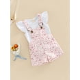 thumbnail image 2 of DcoolMoogl Toddler Baby Girl Overalls Romper Outfit Kids Fly Sleeve Tops T-Shirt + Floral Suspender Pocket Shorts Clothes Set Pink 4-5 Years, 2 of 7