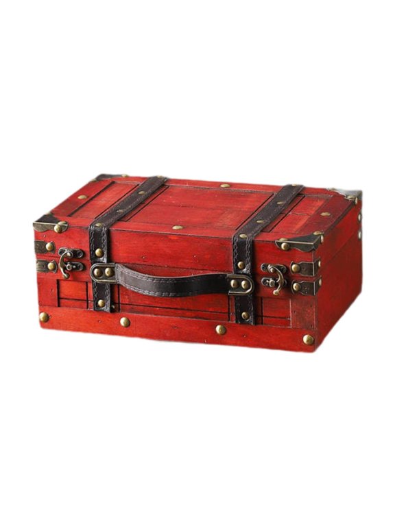 Antique Suitcase Luggage Trunks Retro Treasure Chests Wood Clothes Storage Box Red