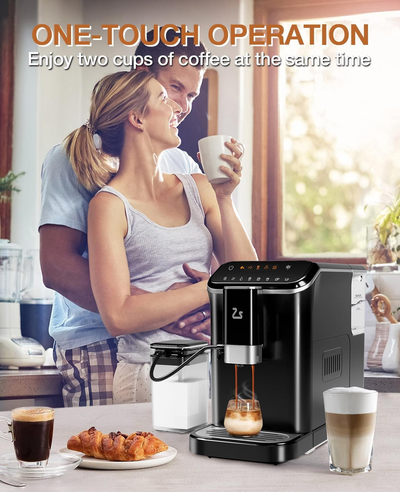 Soonbuy 20 Bar Espresso Machine with Built-in Grinder - Cold Brew & Cold/Hot Milk Frother One-Touch Screen Large Removable Water Tank for Barista-Quality Home Office Specialty Coffee, Black