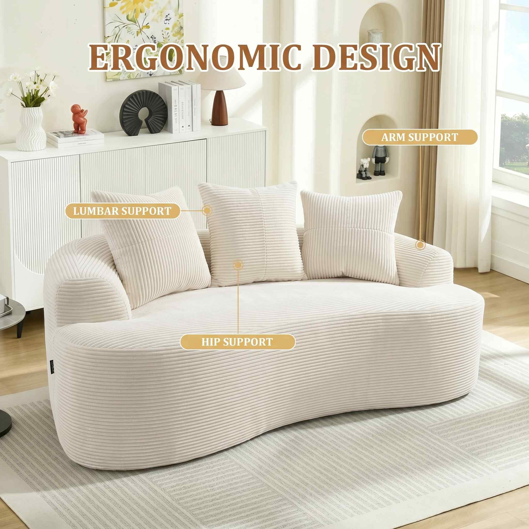 Timbernest 65" Curved Loveseat, Corduroy Boneless Cloud Couch, Small Space Sofa for Living Room, Apartment, Beige