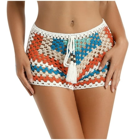 alcepopk Women s Crochet Cover Up Shorts Hollow Out High Waist Knit Bathing Suit Bikini Swimsuit(White M)