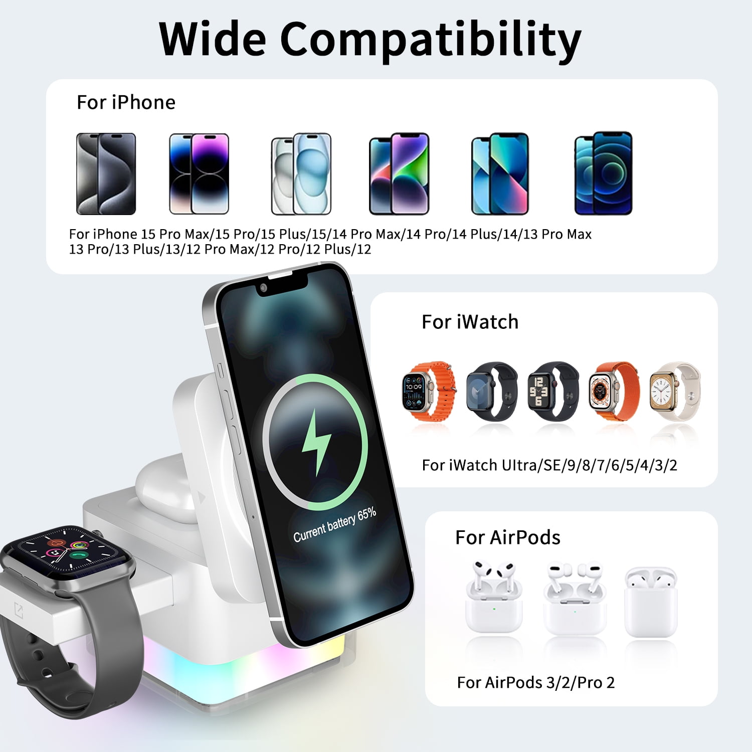 Formagix 15W Charging Station Cube;3 in 1 Magnetic Charger for iPhone, AirPods & Apple Watch