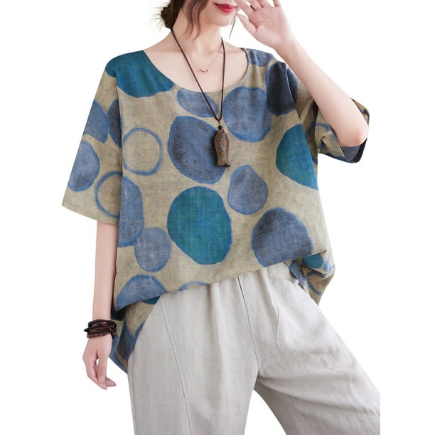 Blusa, Blusa suelta para mujer Impreso Media manga O Cuello Vintage Camisas casuales Abanopi Azul