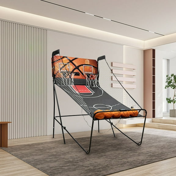 DENEST Dual Shot Basketball Arcade Game, Foldable Indoor Basketball Hoop With LED Electronic Digital Scoring And Timer, 5 Balls Inflation Pump