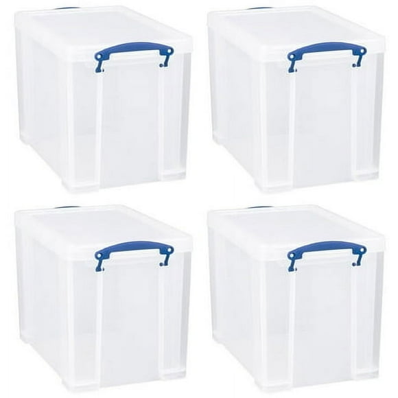 Really Useful Box 19 Liter Plastic Stackable Storage Container w/ Snap Lid & Built-In Clip Lock Handles for Home & Office Organization Clear (4 Pack)