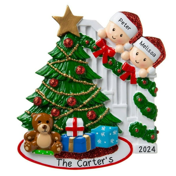 Personalized Happy Family Bannister Peeking Family Christmas Tree Ornament Present Gift Christmas Morning-Free Personalized (Family of 2)