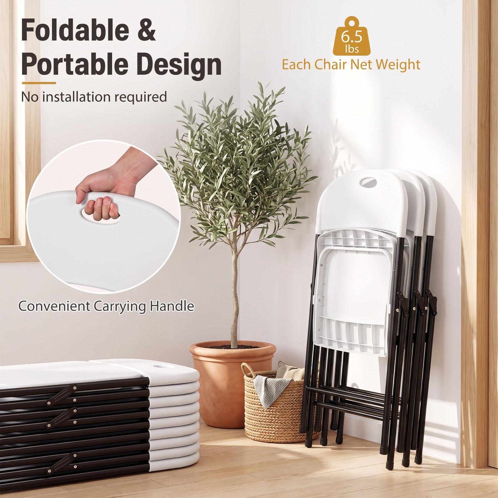 Furnibear Set of 6 Foldable Plastic Chairs with Ergonomic Backrest for Kitchen Dining Room Living Room Home, White
