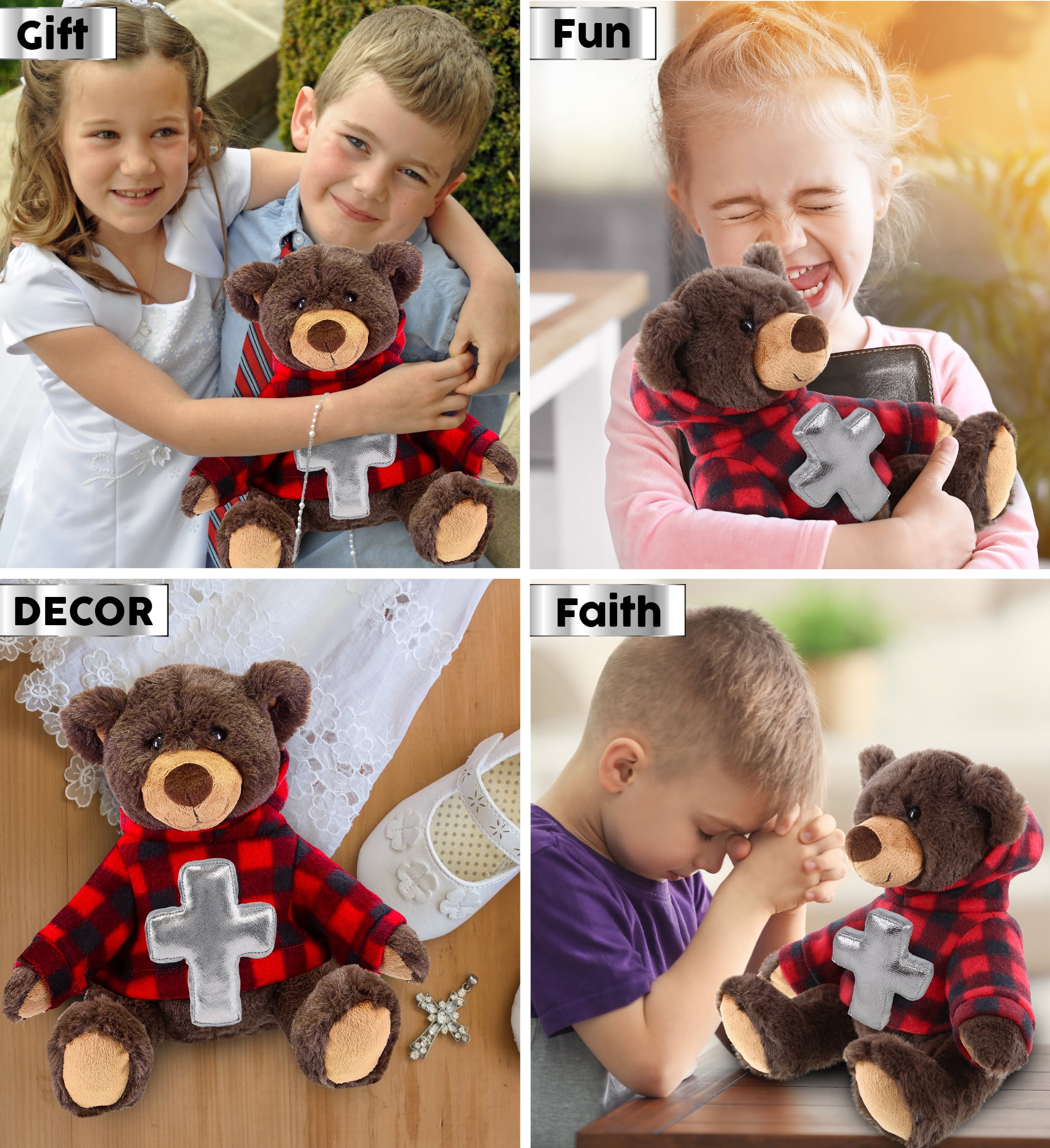 DolliBu Brown Bear with Red Plaid Hoodie Stuffed Animal with Silver Cross Plush - Religious Baptism Gifts for Boys and Girls, Dedication Christening Gifts Plush Prayer Toy Stuffed Animal - 9 Inch