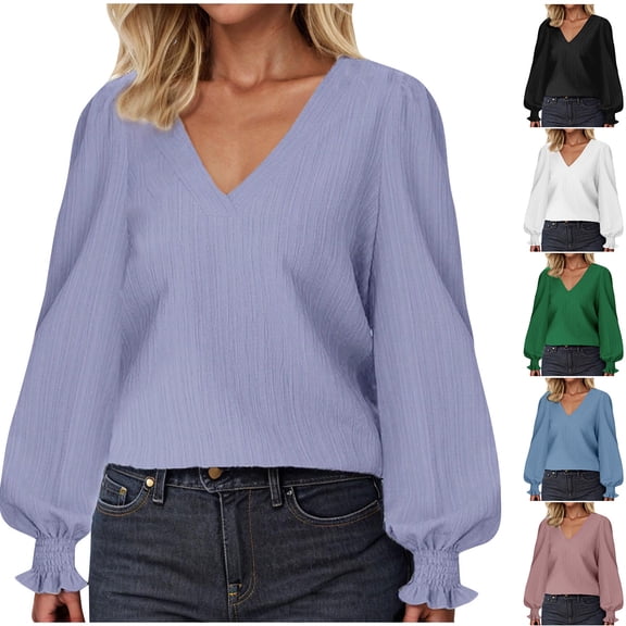 HVOBTTY Womens Long Sleeve Pullover T Shirt, Fall Tops for Women, Women's Casual Plus Size Solid Color V Neck Loose Top Black, M