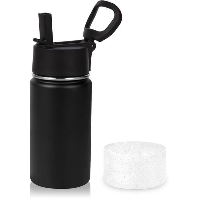 Botella de agua de acero inoxidable aislado de 400 ml con tapa de popote y funda de silicona, sin BPA, fácil de usar para niños y niñas (negro, 1).