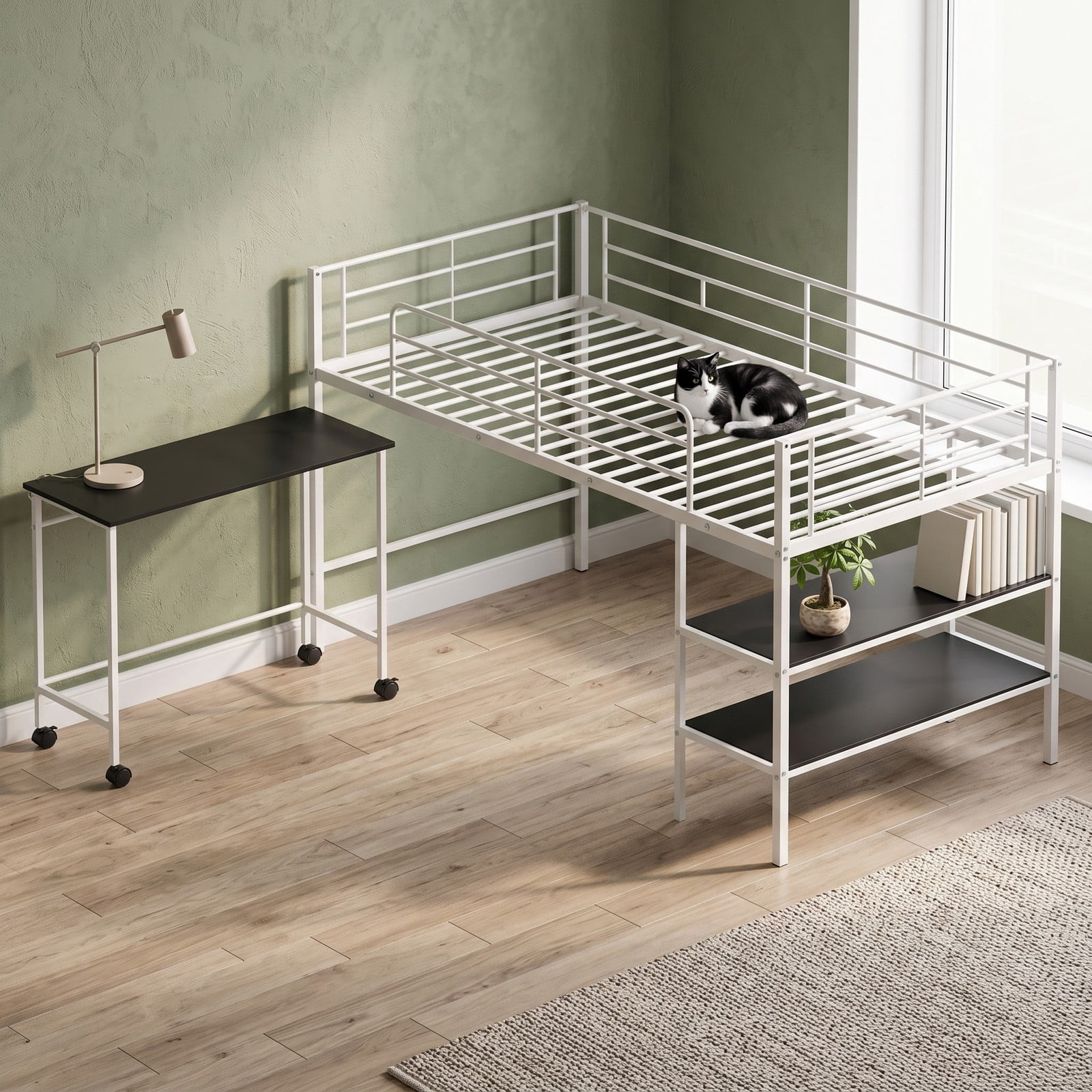 Furnibear Twin Size Loft Bed with Rolling Desk and Bookshelf for Home Office Bedroom, Space-Saving Metal Loft Bed Frame with Ladder, White