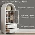thumbnail image 5 of PAPROOS 71” H Tall Arched Pantry Storage Cabinet, Wood Kitchen Pantry Cabinet with 2 Large Drawers, 2 Glass Doors, Modern Farmhouse Hutch Cupboard with Adjustable Shelves for Dining Room, White, 5 of 11