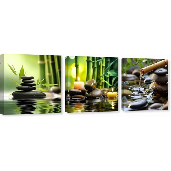 ZHONGYUTONG 3 Piece Zen Canvas Wall Art Zen Stone Picture Still life Green Bamboo Painting Meditation Artwork for Bedroom Decor Framed (10.00" x 10.00" x 3PCS)
