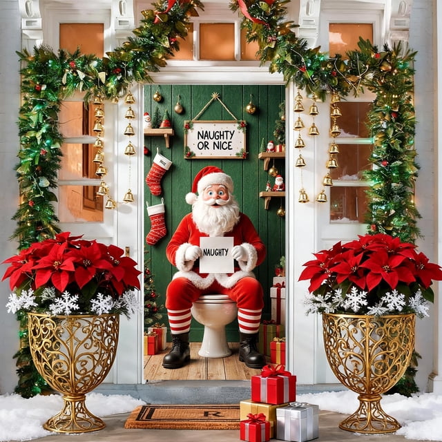 Cubierta Navideña para Puerta de 35 X 71 Pulgadas | Tela de Poliéster con Estampado de Papá Noel | Decoración Navideña Duradera para Puertas, Paredes y Mesas | Fácil de Instalar para Fiestas Navideña