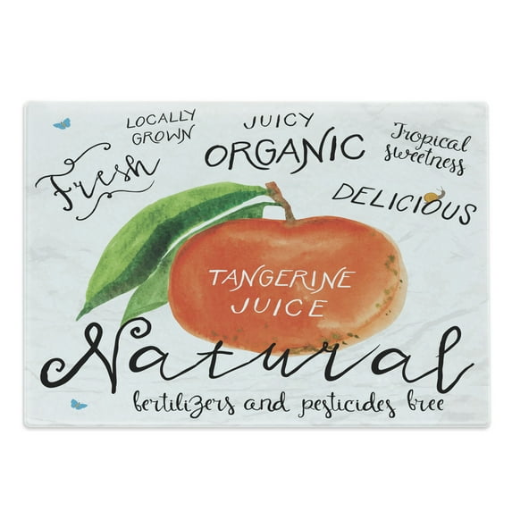 Tangerine Cutting Board, Watercolor Citrus Fruit and Leaf with Cursive Lettering, Decorative Tempered Glass Cutting and Serving Board, in 3 Sizes, by Ambesonne
