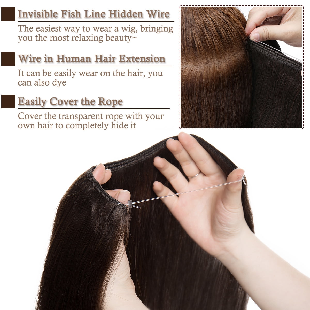 SEGO Wire in Human Hair Extensions Hidden Hair Extensions with Invisible Band Translucent Fish Line Hairpiece without Clip