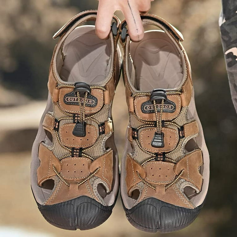 Men s Closed Toe Sports Sandals Fashion Breathable Premium Leather Athletic Sandals Non Slip Comfortable Outdoor Sports Beach Shoes