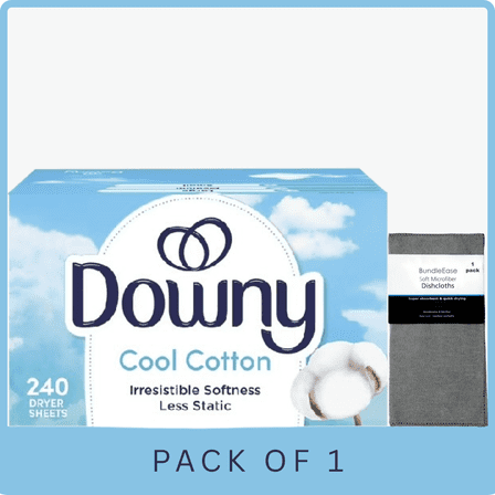 Downy Fabric Softener Dryer Sheets Cool Cotton 240 Count with Microfiber Solid Color Towel by BundleEase