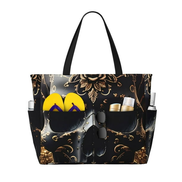 Fotbe Gold Pattern Black Skull Bolsa de Viaje para Playa - Resistente al Agua, Bolsa Tote de Gran Capacidad y Ligera con 7 Bolsillos para Mujeres y Hombres