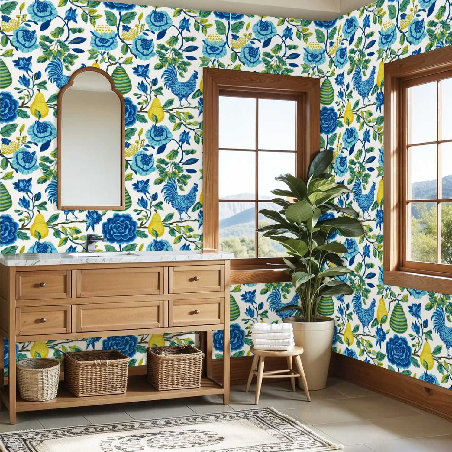 Farmhouse Peel and Stick Wallpaper 23.6in x 9.8ft Blue Yellow Floral Chicken Pears Flowers Contact Paper Vinyl Self-Adhesive Removable Wall Paper for Bedroom Kitchen Cabinet Renter Friendly
